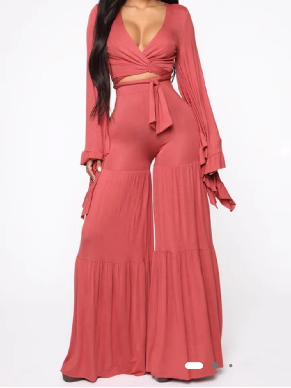 Fashion Nova Wrap-Front Wide-Leg Pants & Wrap Top in Dusty Rose Size Medium